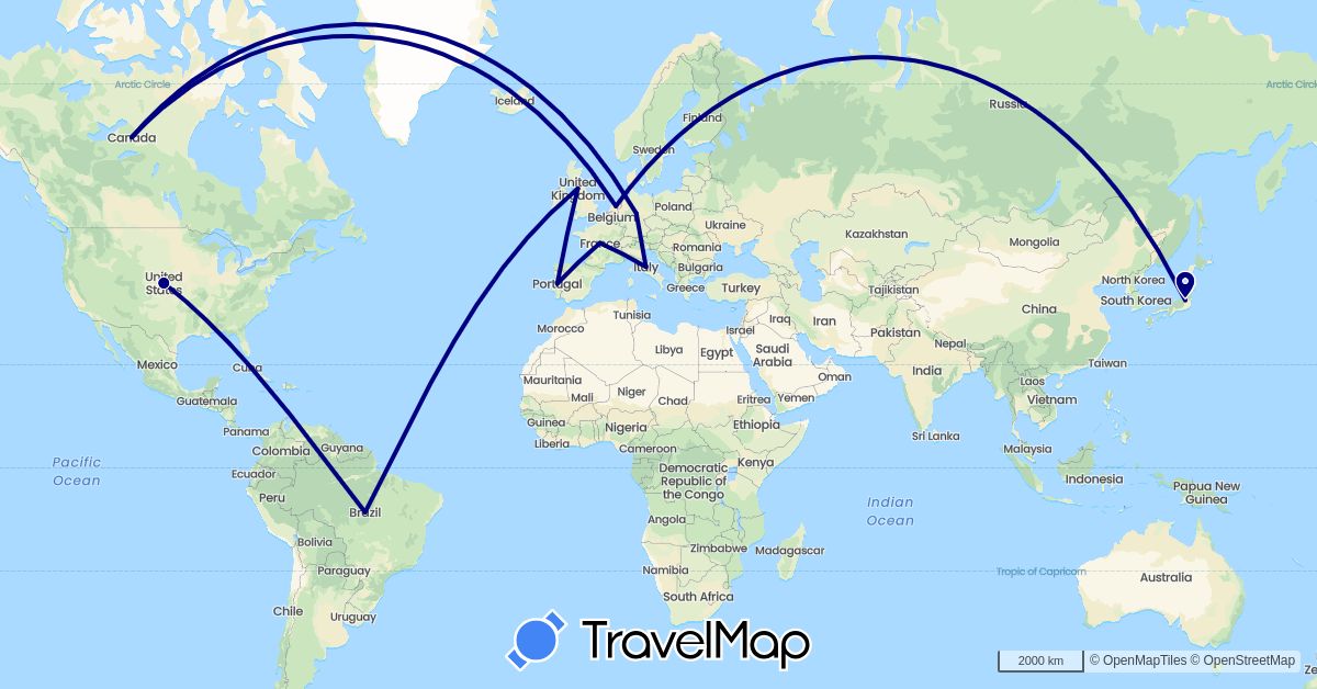 TravelMap itinerary: driving in Canada, Germany, France, Italy, Japan, Netherlands, Portugal (Asia, Europe, North America)